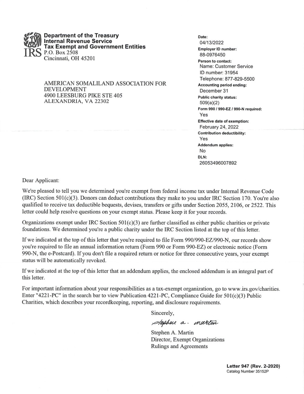 Internal Revenue Service — 501(c)(3) Determination Letter